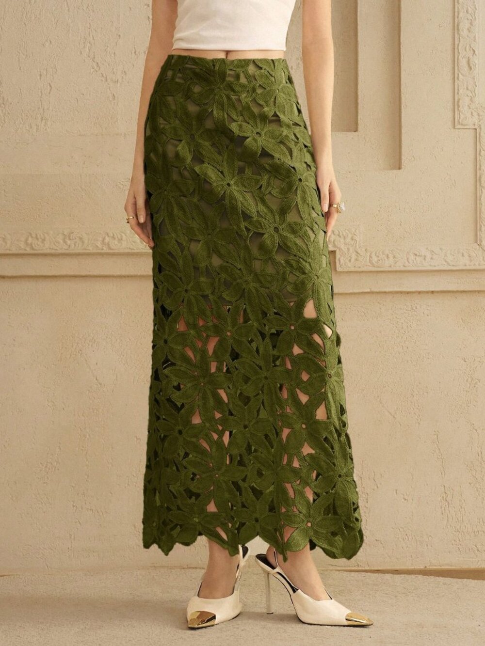 Army Green Elegant Women's Floral Cutout A-Line Skirt